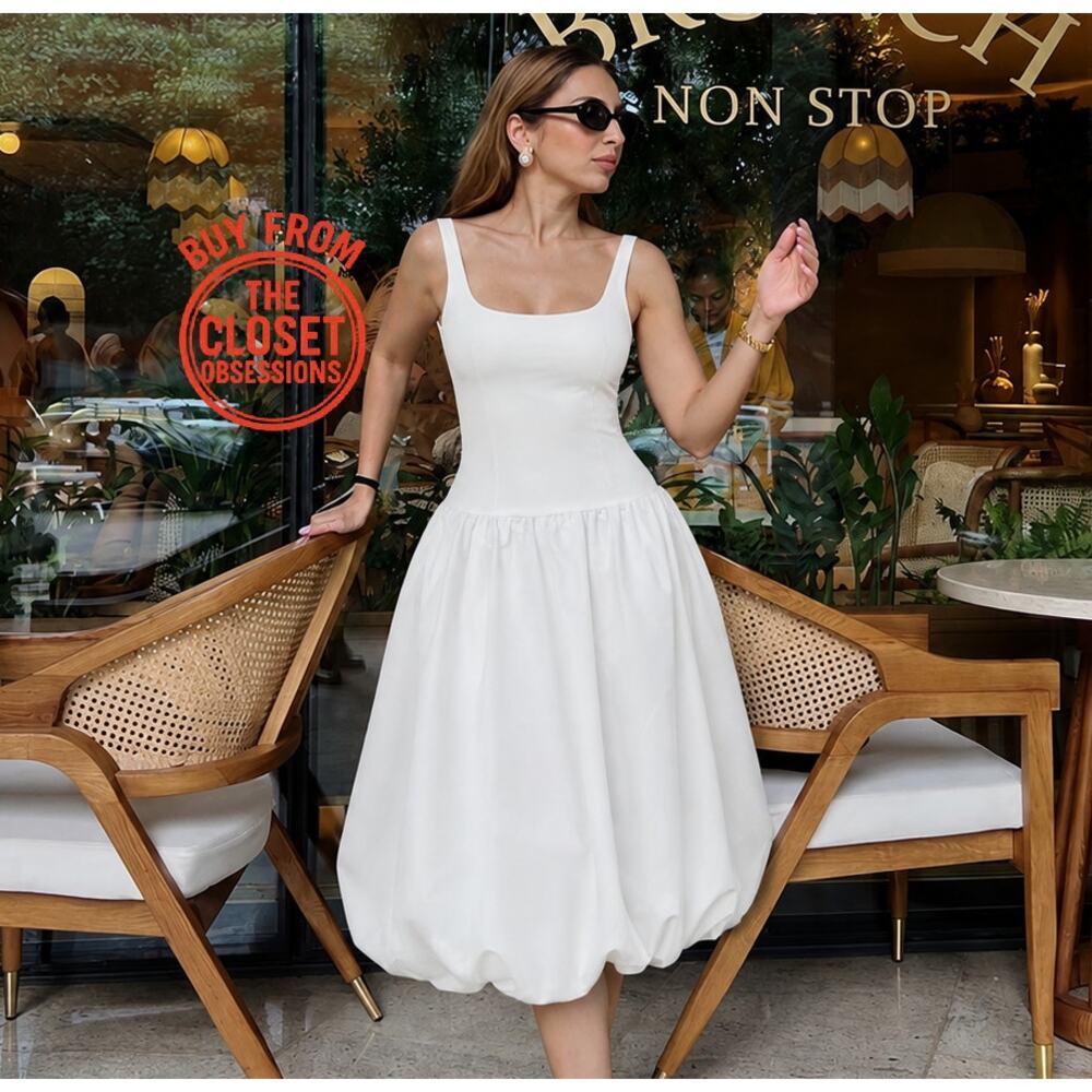 ZARA White Balloon Midi Dress NWT Knit Bodice Cotton Poplin Skirt M - Picture 8 of 16